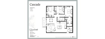 A floor plan for a three bedroom apartment with two bathrooms.