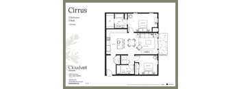 A floor plan for a two bedroom, two bath apartment at Cloudveil Apartments.