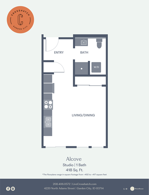 A floor plan for a 418 square foot studio apartment.