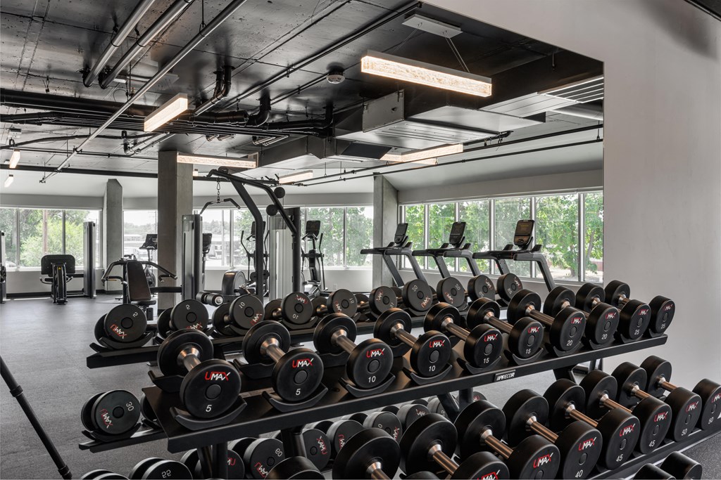 a gym with rows of dumbbells on a rack at Crosshatch, Garden City, Idaho