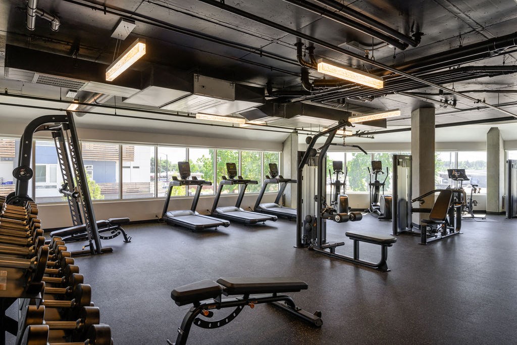 a gym with treadmills and other exercise equipment in a building with windows