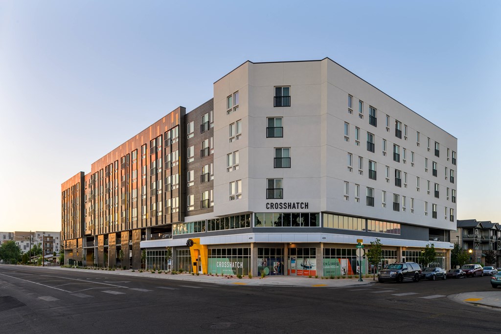 a large building on the corner of a city street at Crosshatch, Garden City, 83714