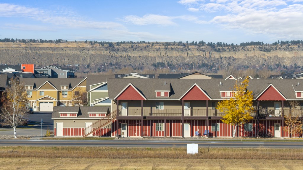 A row of houses with a tree in front of them.