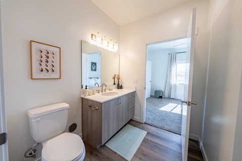 A bathroom with a toilet, sink, and mirror. at Silverbrook Apartments, Kalispell, MT