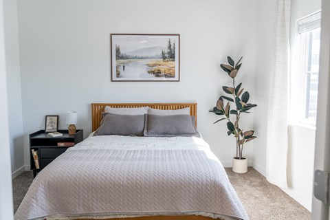 A bed with a grey comforter and two pillows sits in a room with a framed picture of a snowy landscape on the wall. at Silverbrook Apartments, Kalispell 59901