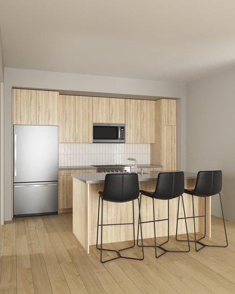 a rendering of a kitchen with a bar and stools