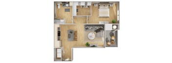 a bedroom with a bed and a mirror