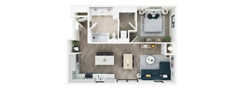 A top-down view of a modern apartment with a kitchen, living room, and bedroom.