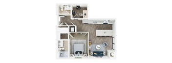 A dollhouse with a white frame and furniture.