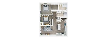 A top down view of a small apartment with a kitchen, living room, and bathroom.