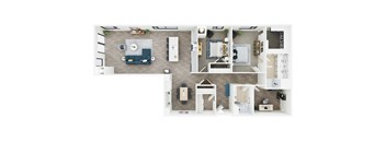A top-down view of a house layout with a kitchen, living room, and bathroom.