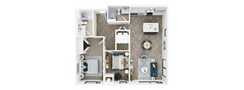 A top down view of a small apartment with a kitchen, living room, and bathroom.