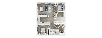 A top down view of a small apartment with a kitchen, living room, and bathroom.