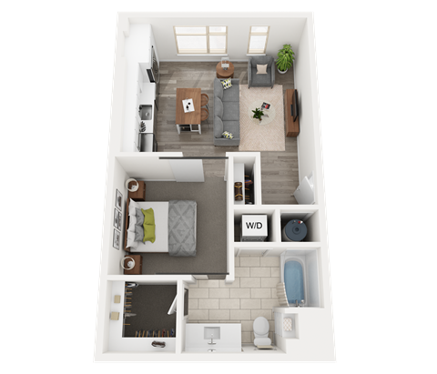 a 3d rendering of a bedroom with a living room