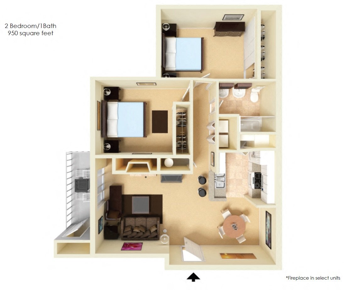 2 Bed 1 Bath Floor Plan at Edgewater Apartments, Boise, Idaho