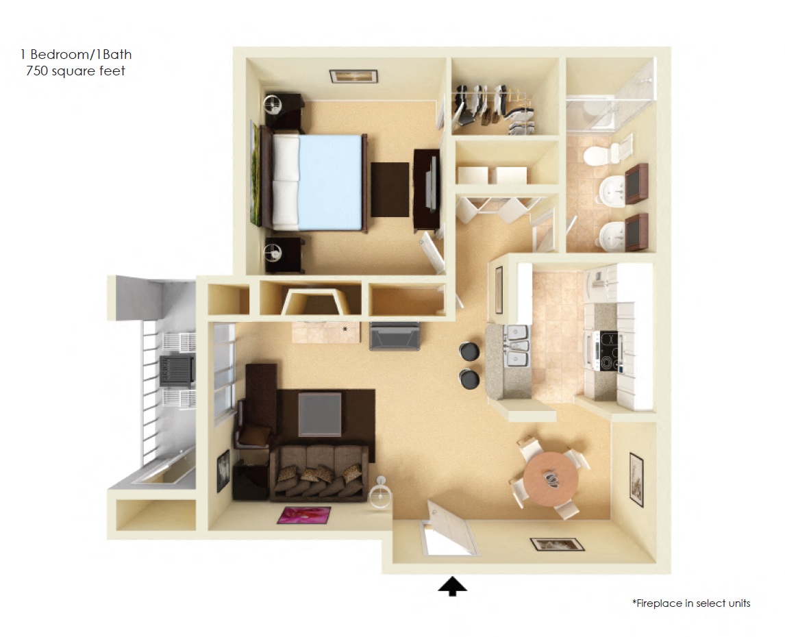 1 Bedroom 1 Bath Floor Plan at Edgewater Apartments, Boise, 83703