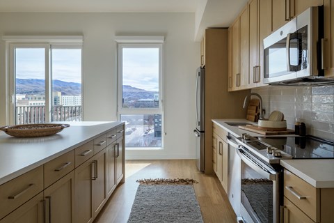 a kitchen with a view of a city and a stove and a microwave