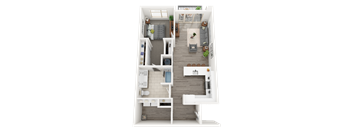 a 3d floor plan of a bedroom with a bathroom and a living room