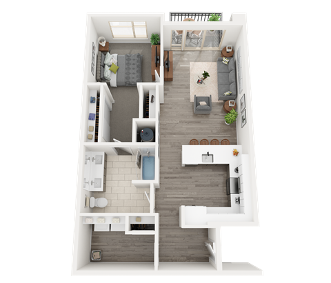 a 3d floor plan of a bedroom with a bathroom and a living room