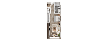 a floor plan of a bedroom with a bathroom and a living room