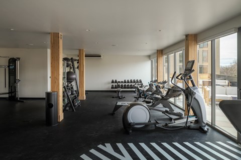 a gym with a lot of exercise equipment and windows