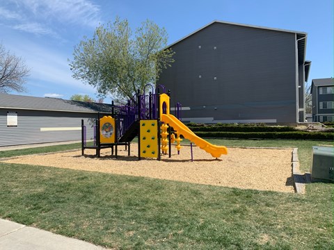 A playground with a yellow slide and purple and yellow play structure.