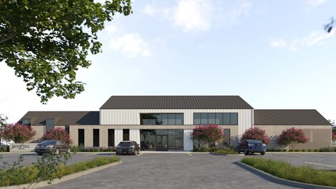 a rendering of a large building with cars parked in front of it