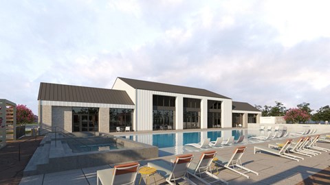 a rendering of a building with a pool in front of it