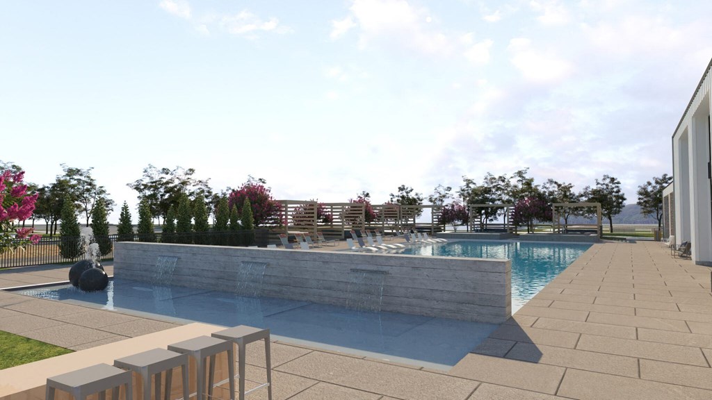 a rendering of the pool and patio area at the residences at omni louisville apartments