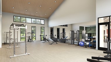 a rendering of a fitness center with weights and other exercise equipment