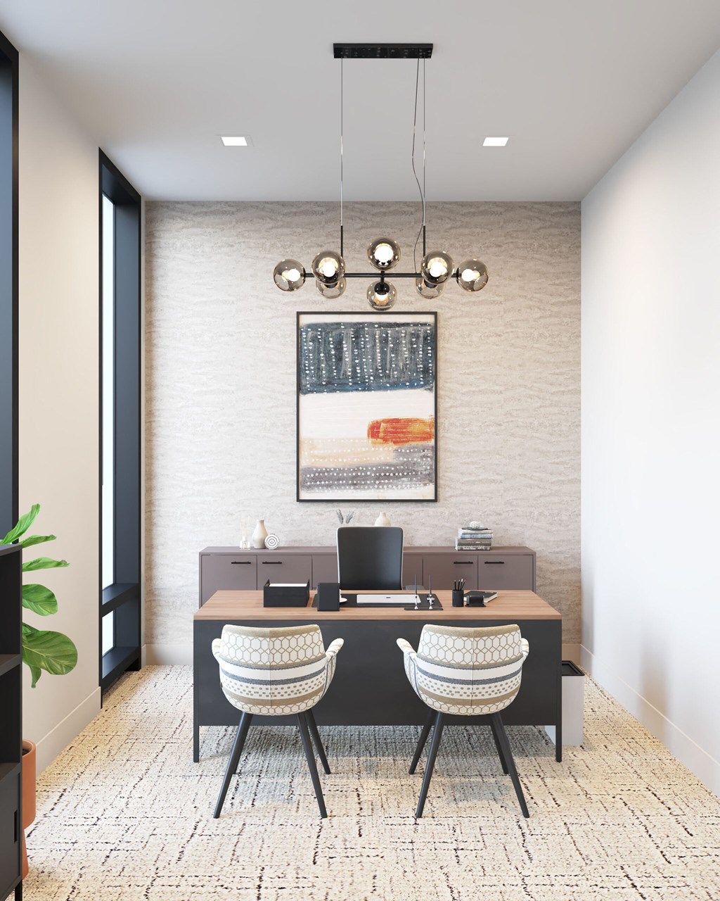 a rendering of an office space with a desk and three chairs