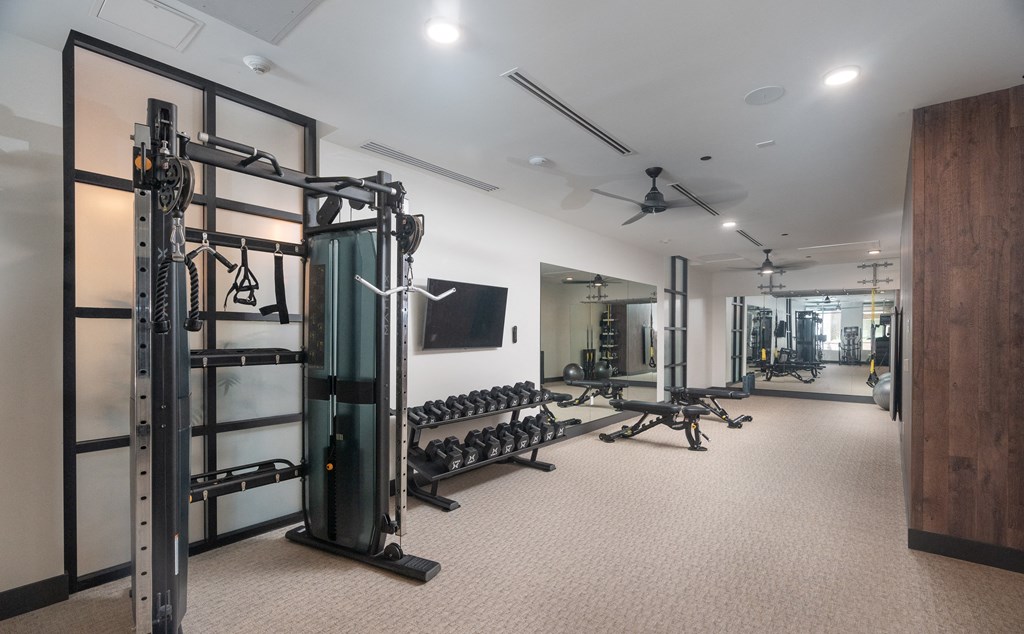 State-of-the-art fitness club with mirrored walls, free weights, ceiling fans, and a tv at Sylvan Uptown, Denver, CO, 80203