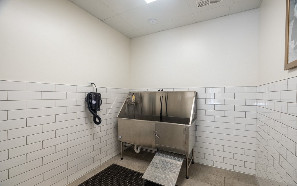 Pet wash room with white tiled walls and pet spa station at Sylvan Uptown, Denver, CO, 80203