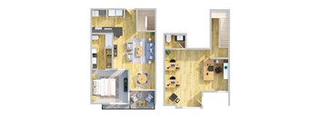 A floor plan of a two-story apartment with a living room, kitchen, and bedrooms.