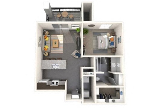 this is a 3d floor plan of a 888 square foot 1 bedroom apartment at the