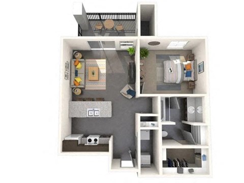 this is a 3d floor plan of a 888 square foot 1 bedroom apartment at the
