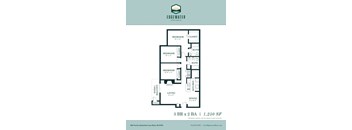 A floor plan for a 3 bedroom, 2 bathroom apartment with a living room, dining room, pantry, and kitchen.