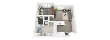 a 3d rendering of the 1 bedroom floor plan with baths and a living room