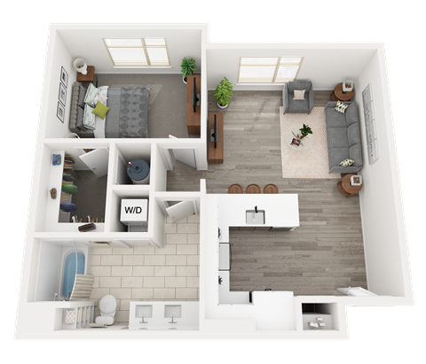 a 3d rendering of the 1 bedroom floor plan with baths and a living room