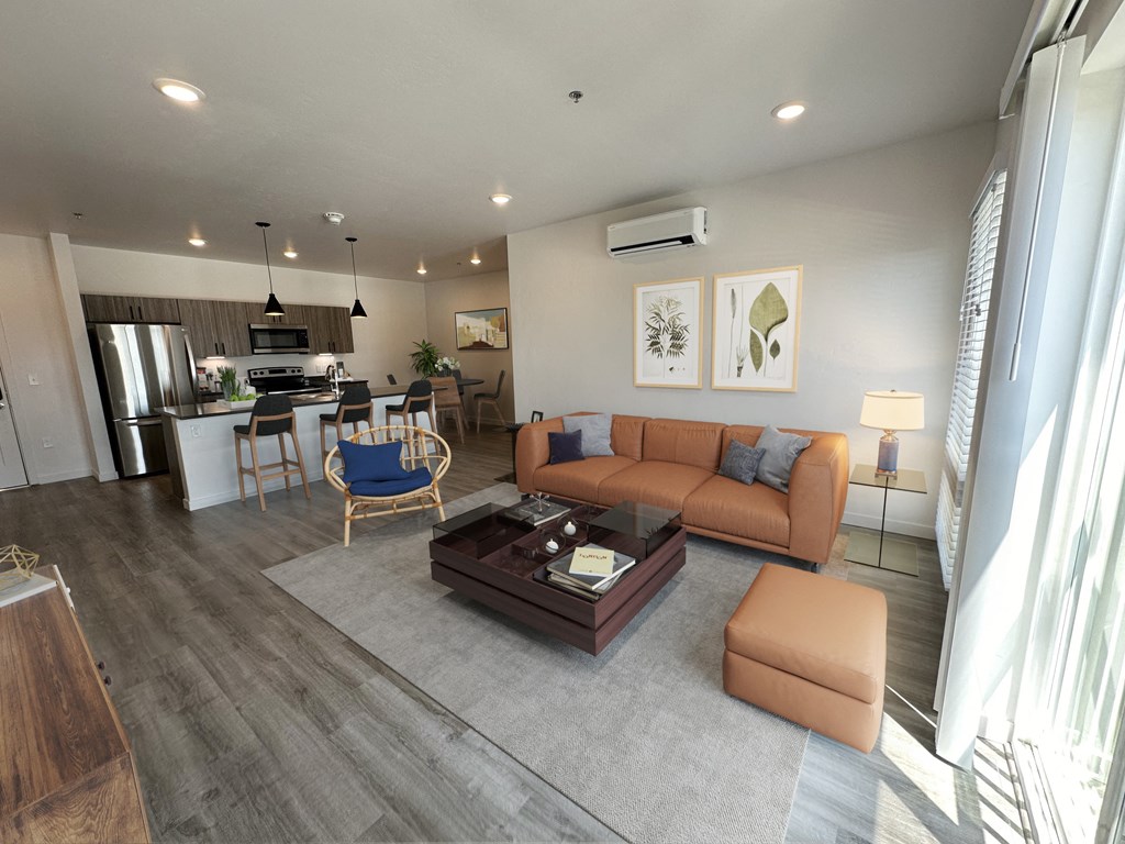 a living room with a couch and a table