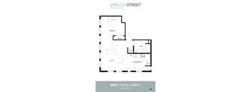A floor plan for a 1 bedroom, 1 bath apartment at Spruce Street Apartments.