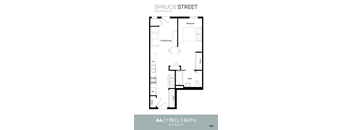 A floor plan for an apartment on Spruce Street shows a bedroom, living/dining area, bathroom, and kitchen.