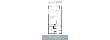 A floor plan for an apartment on Spruce Street shows a single bedroom with one bathroom.