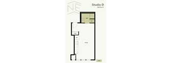 A floor plan for Studio D shows a small room with a closet, bath, and studio space.