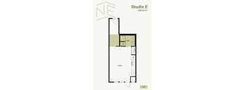 A floor plan for Studio E shows a bathroom, a kitchen, and a loft.