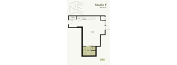 A floor plan for Studio F shows a bedroom, a closet, a reference room, and a bathroom.