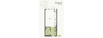 A floor plan for Studio G, which is 419 square feet, shows a bathroom, a closet, and a loft area.