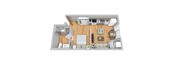 A 3D rendered image of a modern apartment layout.