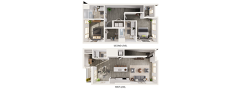three dimensional floor plans of a 1 bedroom apartment