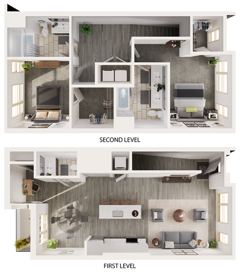 three dimensional floor plans of a 1 bedroom apartment